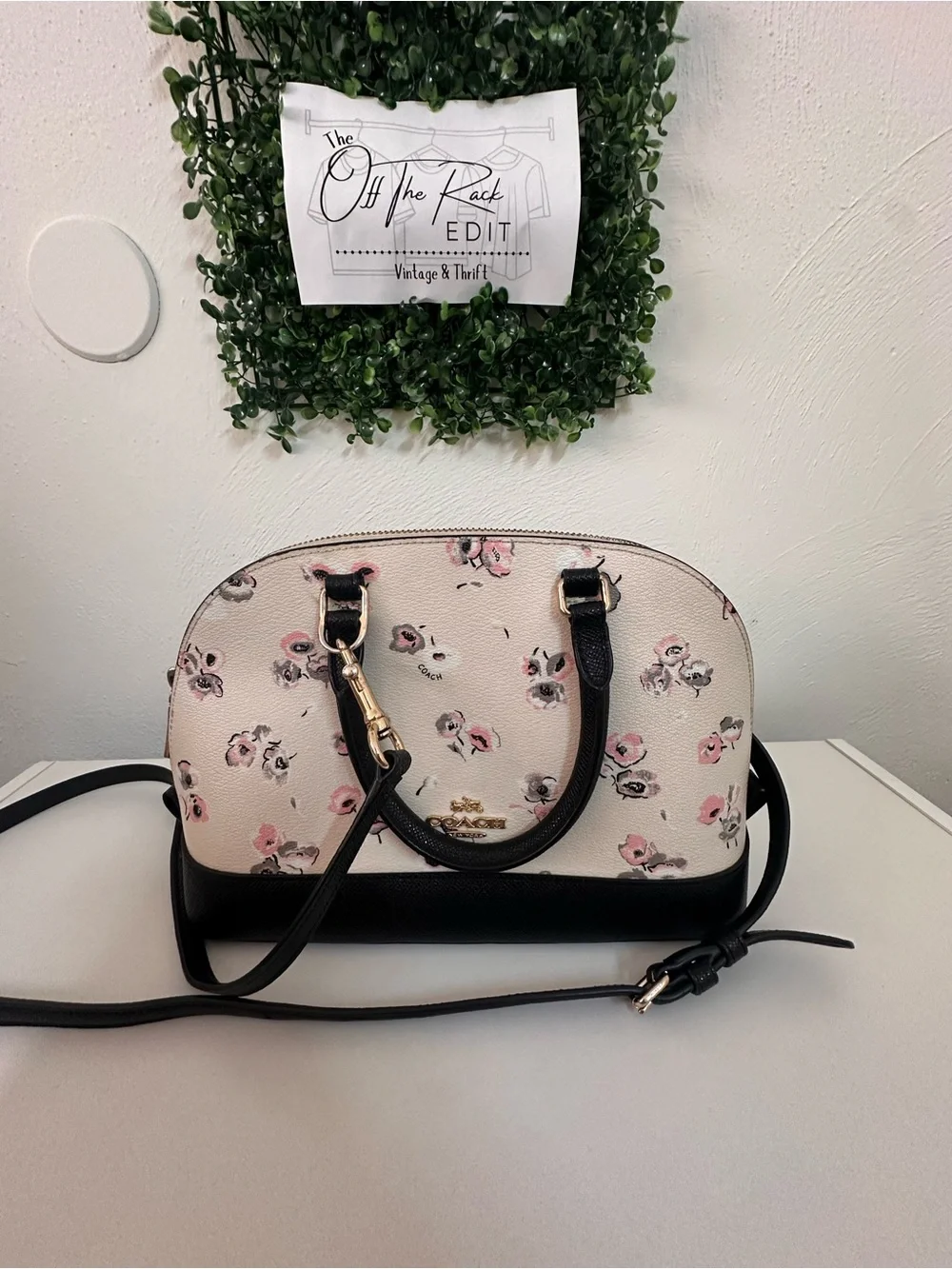 Coach Pink Floral Dome Satchel with Black Trim and Gold Hardware
